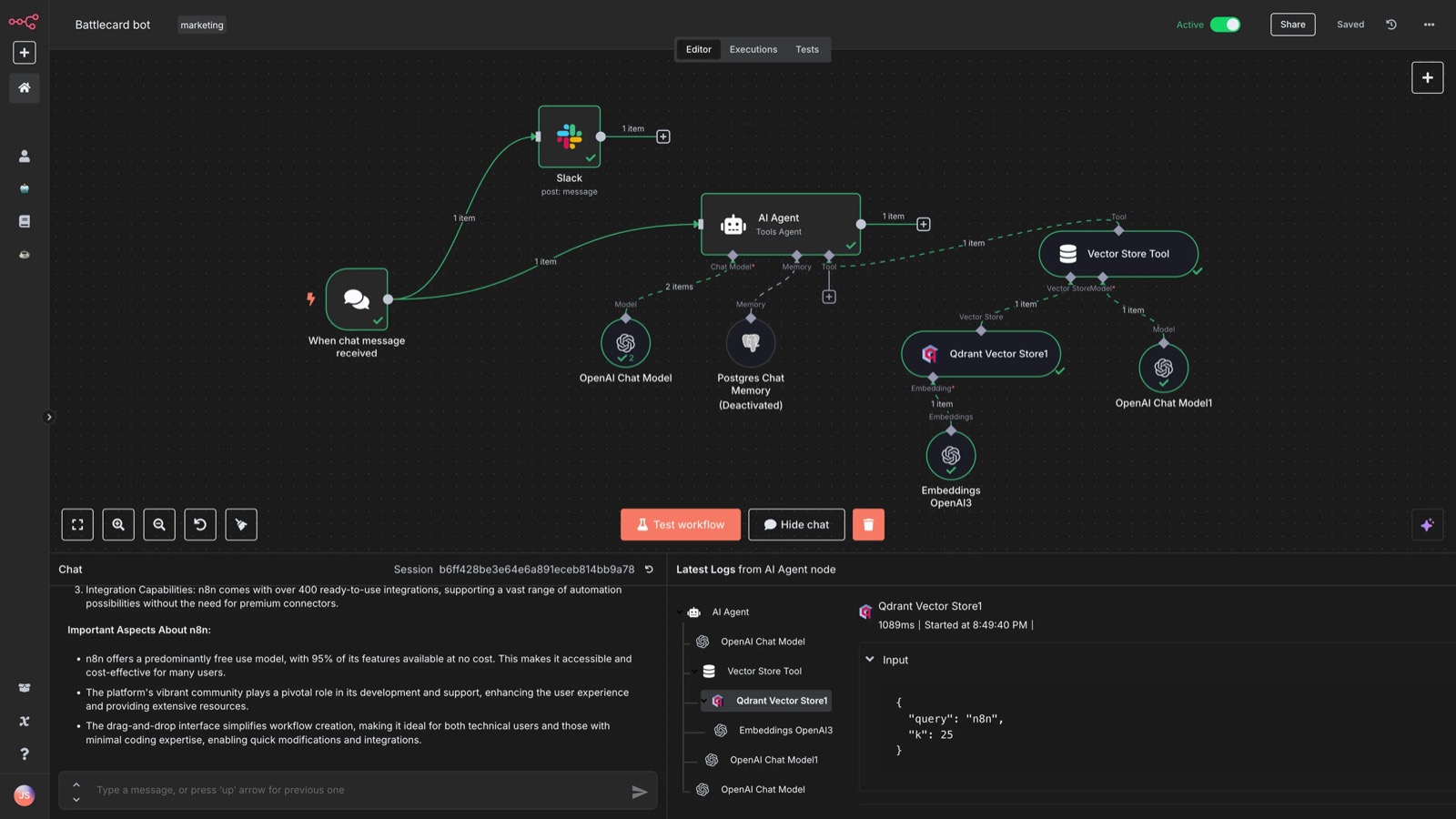 Agent IA construit dans n8n, avec son modèle de langage et ses outils connectés