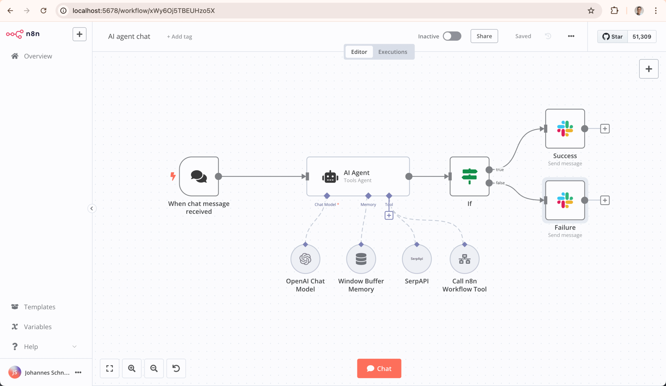 Editeur de workflow n8n : le declencheur, les noeuds et l agent IA relies sur le canevas visuel