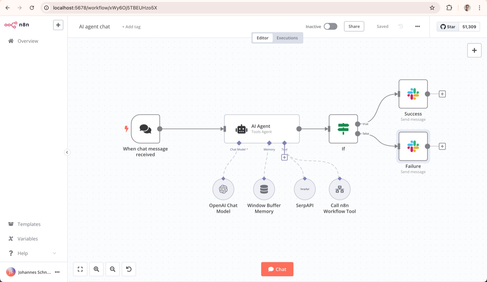 Éditeur visuel de workflow n8n avec ses nodes reliés en glisser-déposer