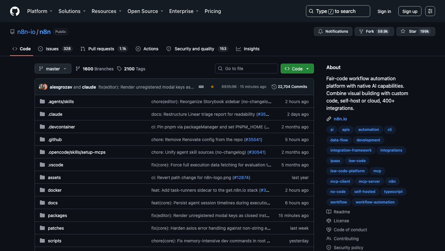 Dépôt GitHub officiel de n8n : plateforme fair-code, code source public, auto-hébergement ou cloud, 400+ intégrations