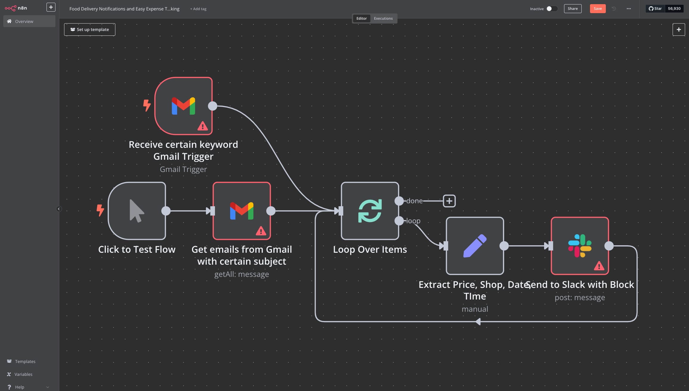 Éditeur de workflow n8n installé sur un VPS, avec les nœuds Gmail, boucle et Slack reliés sur le canevas