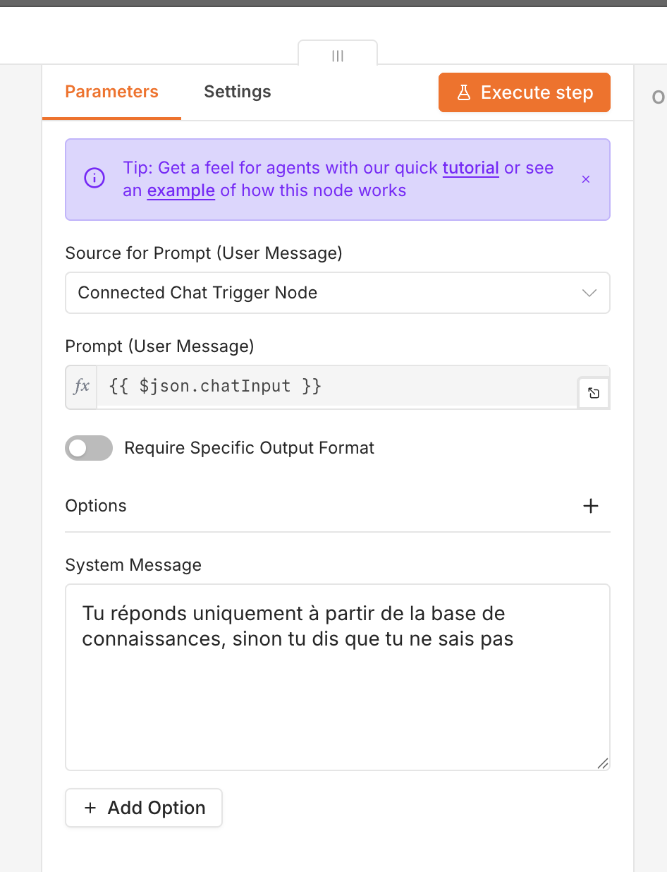 Prompt système du nœud AI Agent de n8n : répondre uniquement à partir de la base de connaissances Prompt système du nœud AI Agent de n8n : répondre uniquement à partir de la base de connaissances